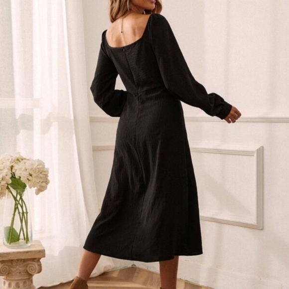 Black Solid Classic Midi Dress Minimalist A-line Work Office - Picture 2 of 6